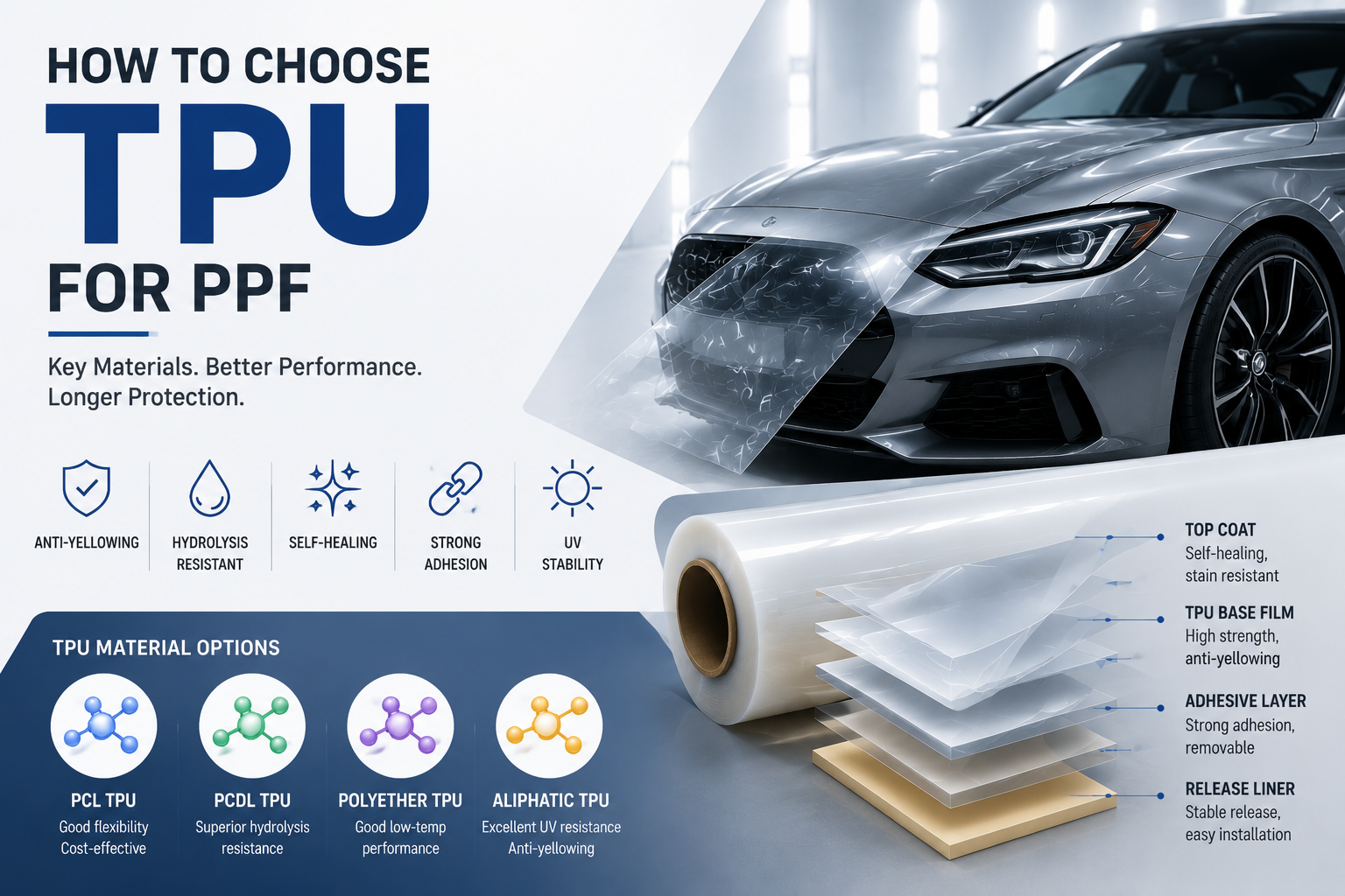 TPU for paint protection film with aliphatic TPU, PCDL TPU, PCL TPU materials comparison for automotive PPF