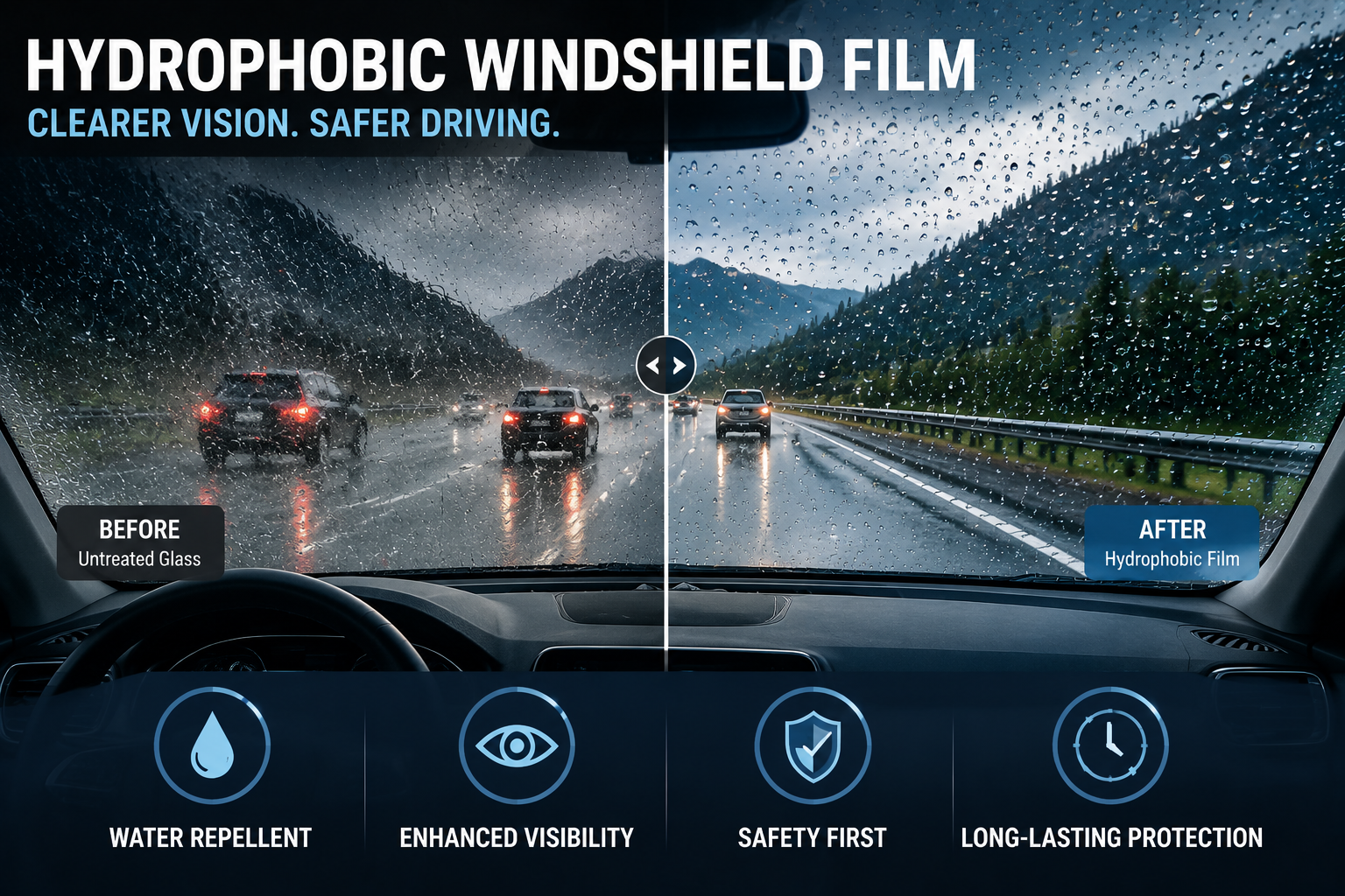 Windshield protection film with hydrophobic coating and water repellent performance for rainy highway driving