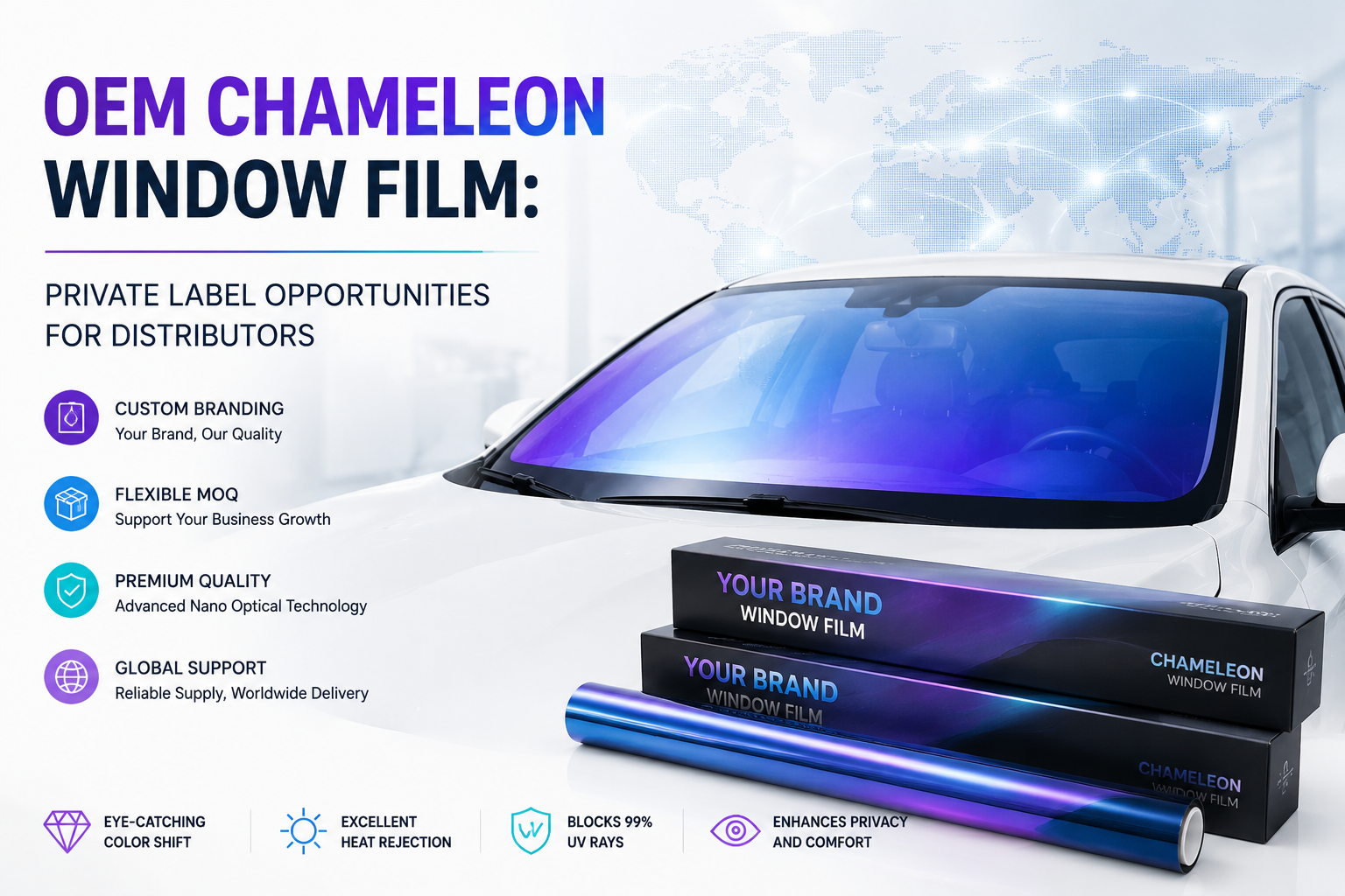 OEM chameleon window film with custom branding and private label solutions for automotive film distributors