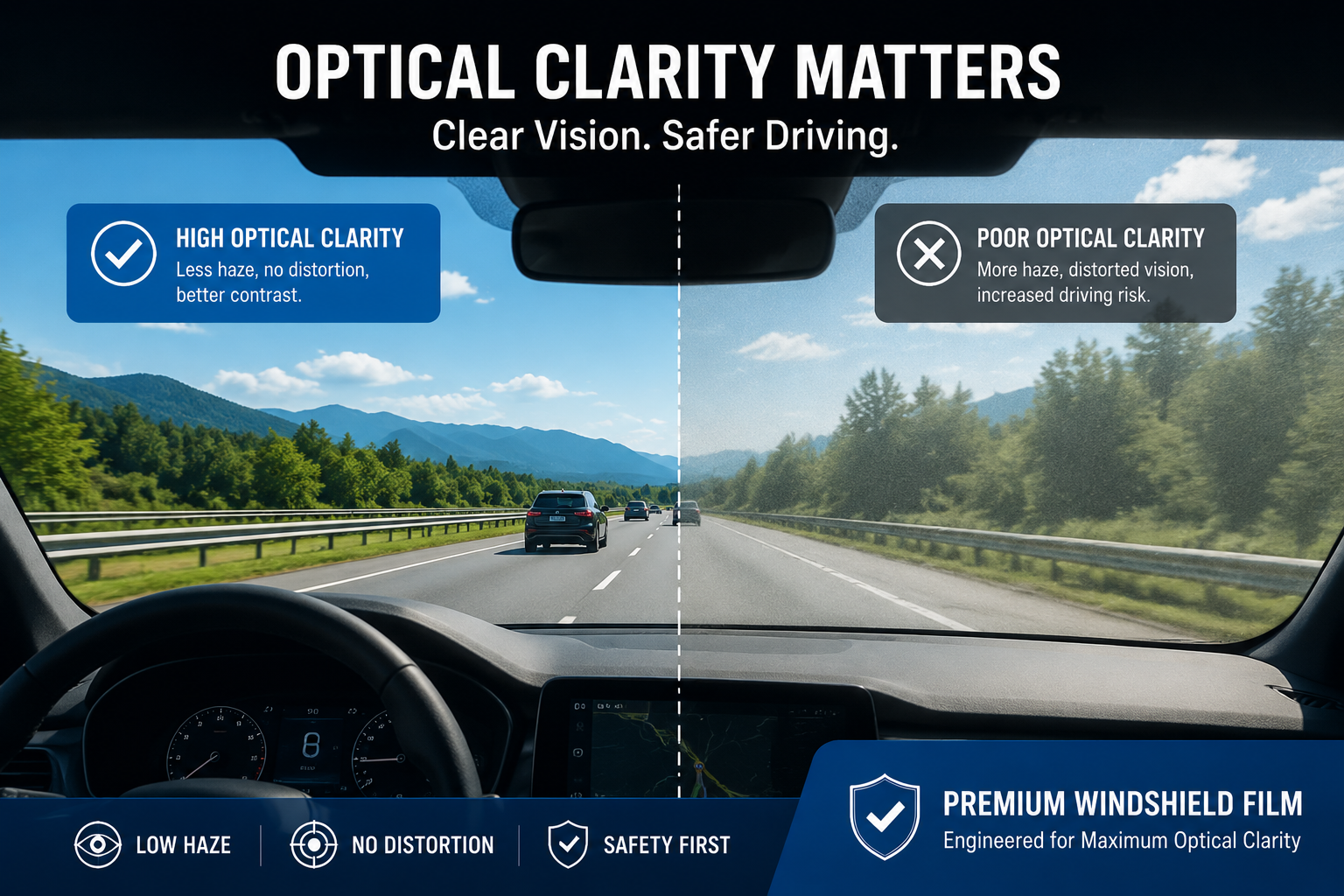 Clear windshield protection film demonstrating high optical clarity and visibility for safe driving