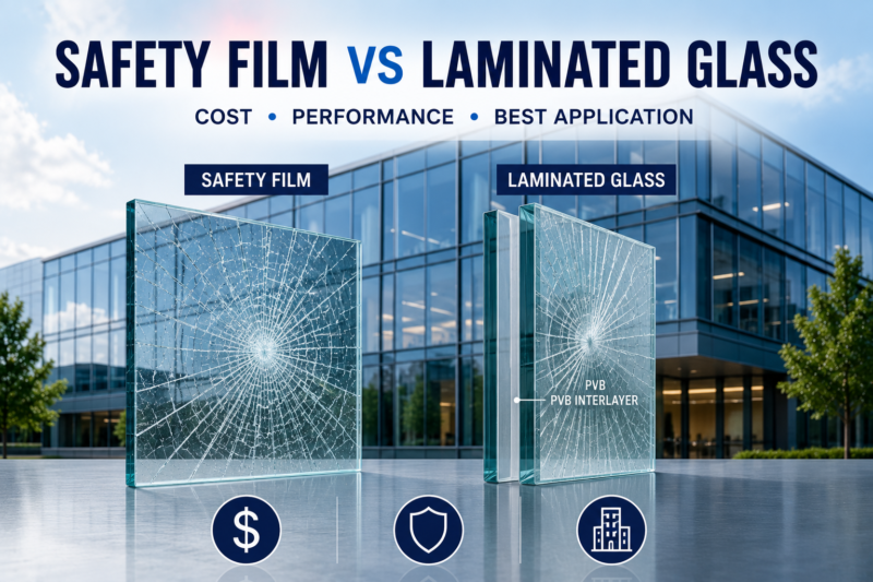 Safety window film and laminated glass comparison for commercial building glazing protection and security applications