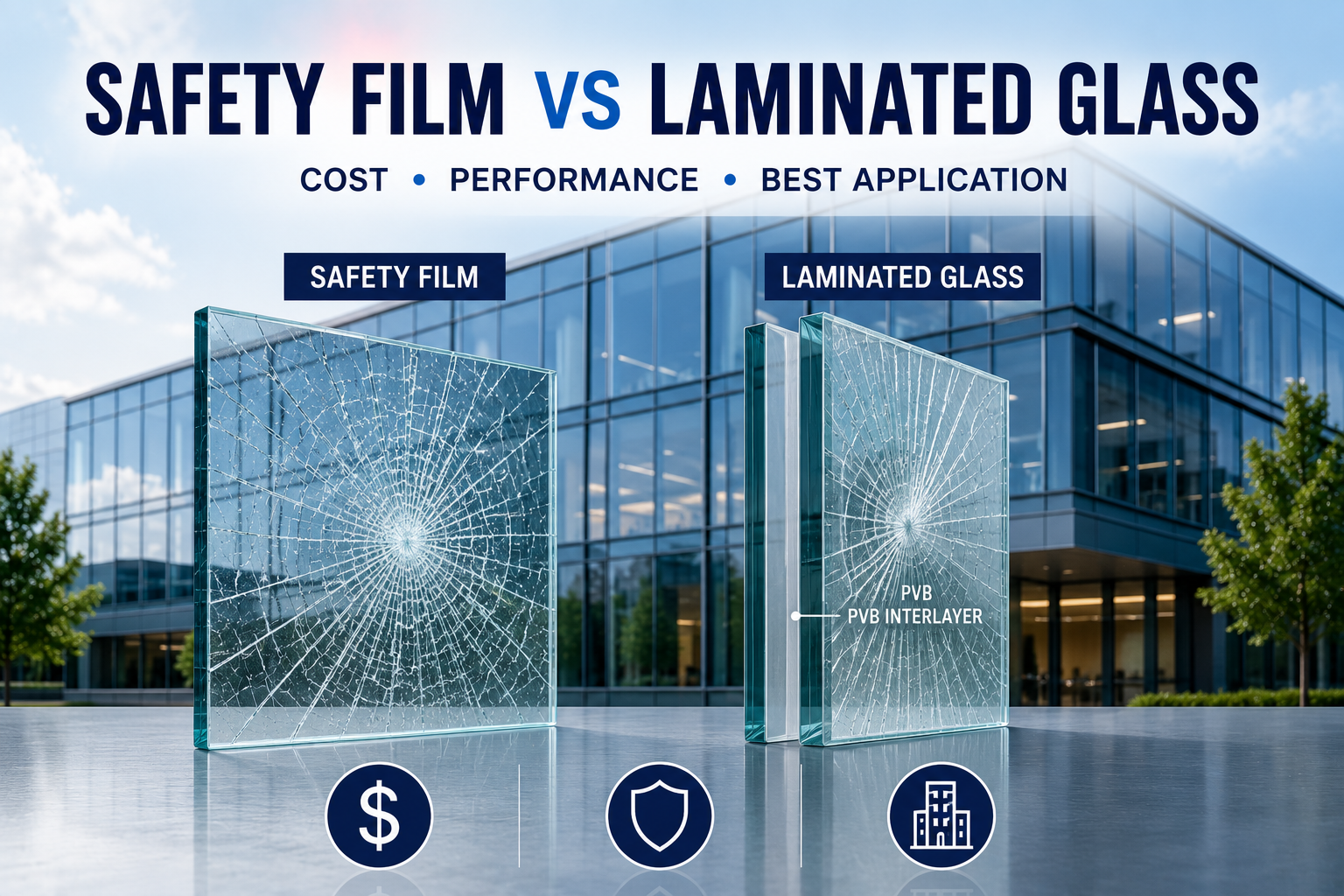 Safety window film and laminated glass comparison for commercial building glazing protection and security applications