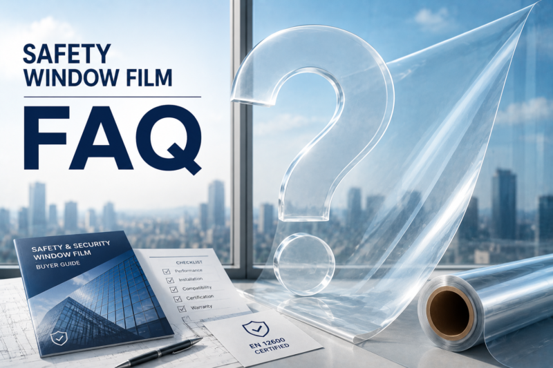 Safety window film FAQ guide featuring clear security window film roll, transparent film question mark, and commercial building glass.