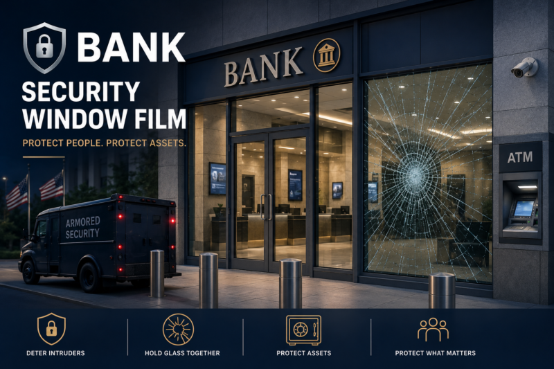 security window film protecting a bank entrance and ATM from forced entry with shattered glass held together