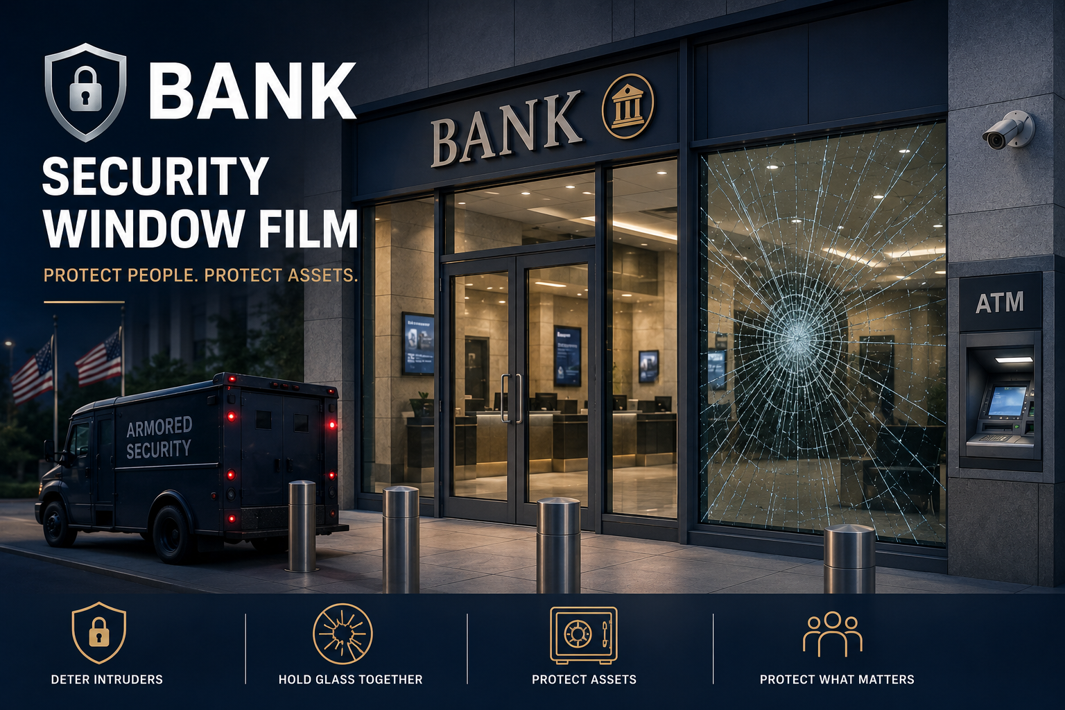 security window film protecting a bank entrance and ATM from forced entry with shattered glass held together
