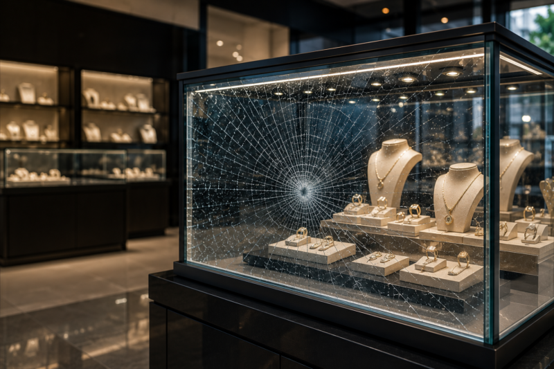 Security window film protecting retail display glass against smash and grab theft for jewelry store security