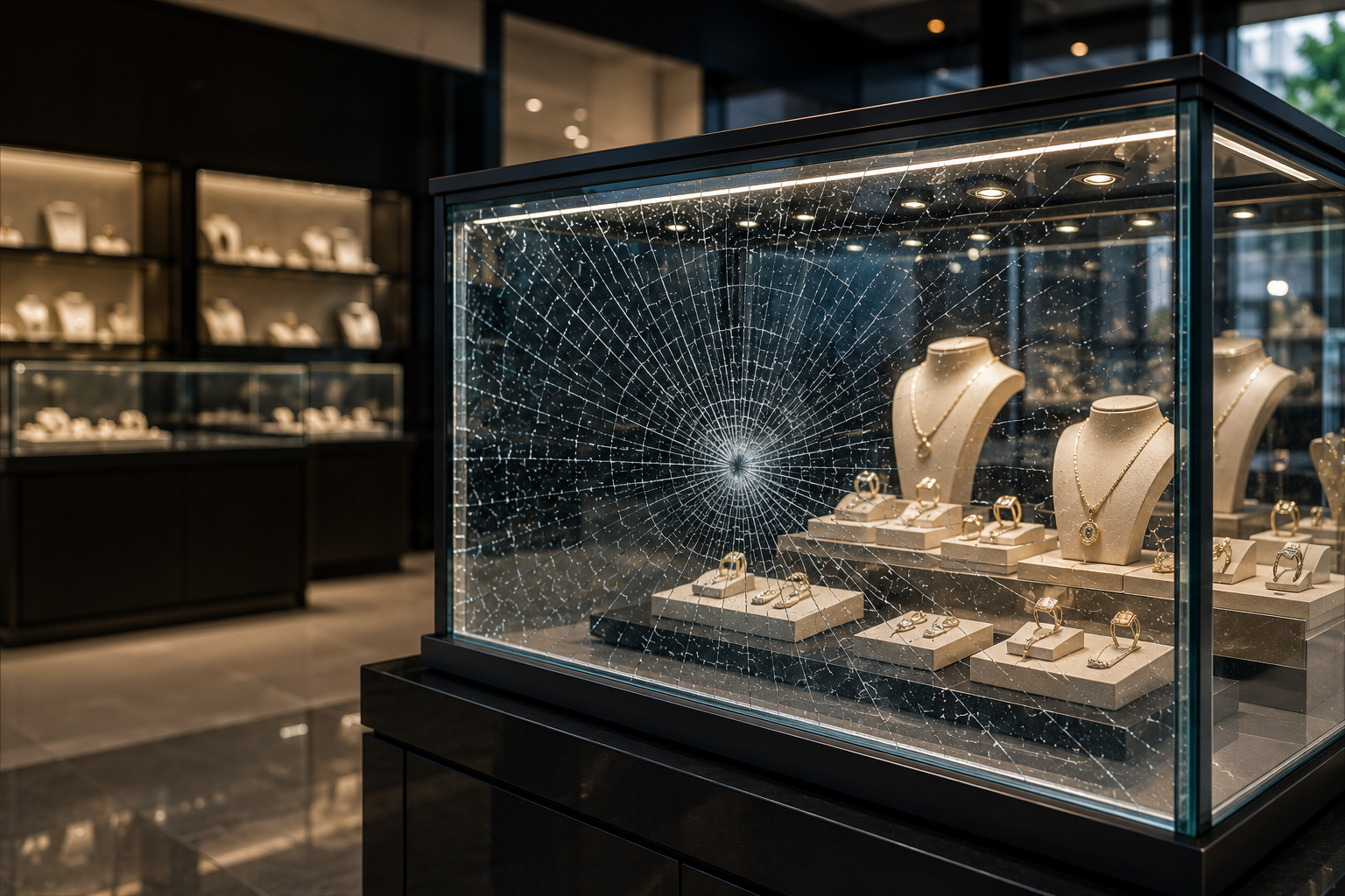 Security window film protecting retail display glass against smash and grab theft for jewelry store security