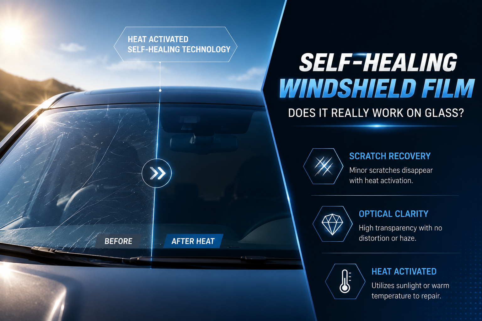 Windshield film with self-healing technology for automotive glass protection and scratch recovery