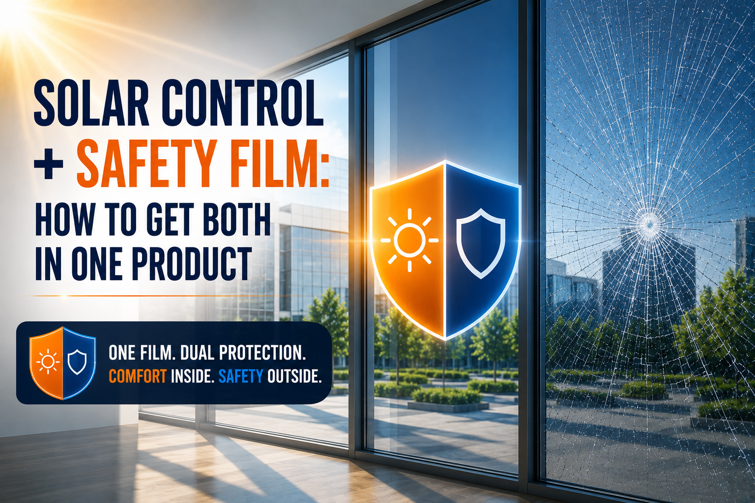 Solar control safety window film with heat rejection and glass protection for commercial buildings