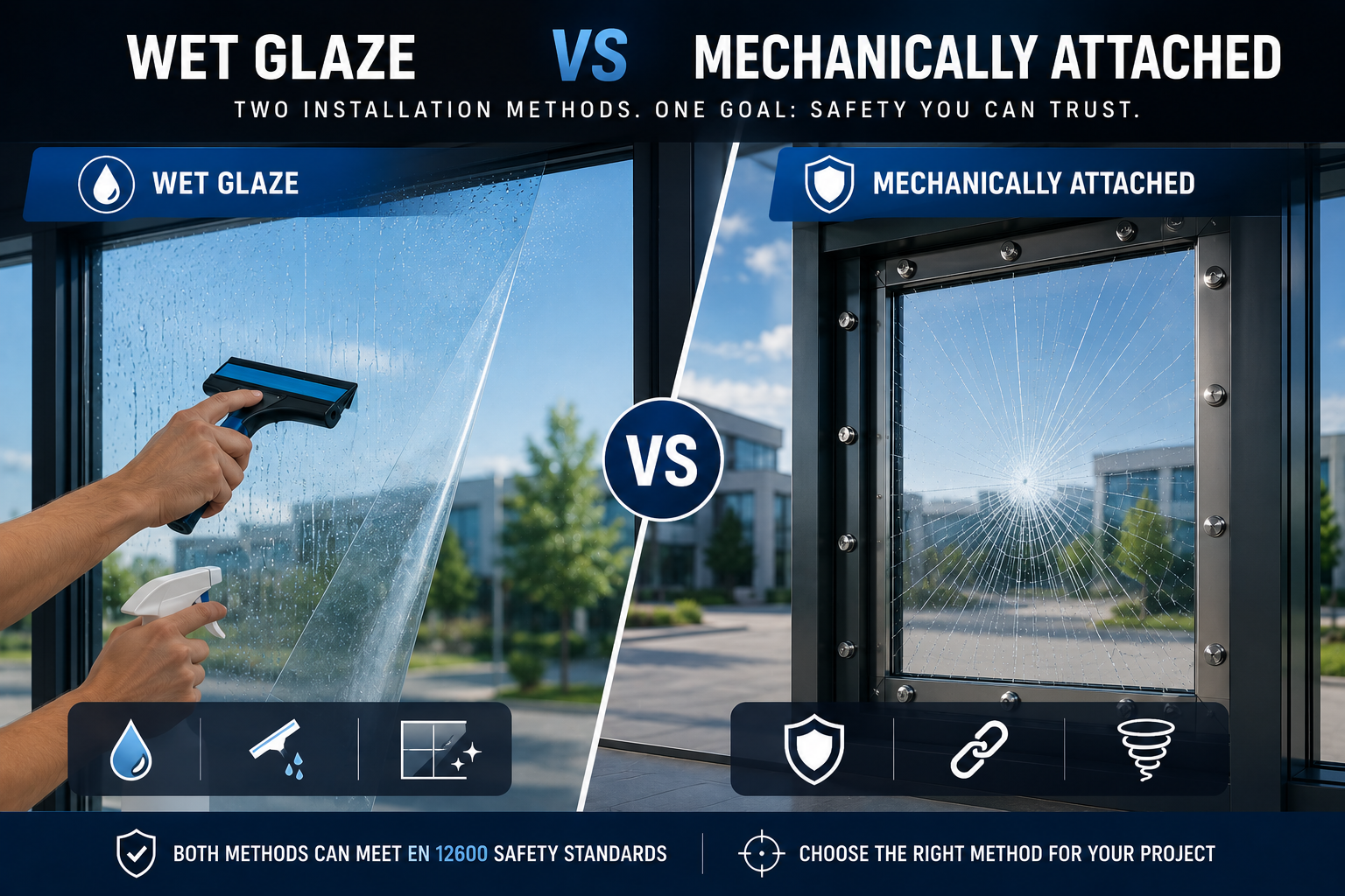 Safety window film installation showing wet glaze vs mechanically attached frame attachment methods for commercial security glazing.