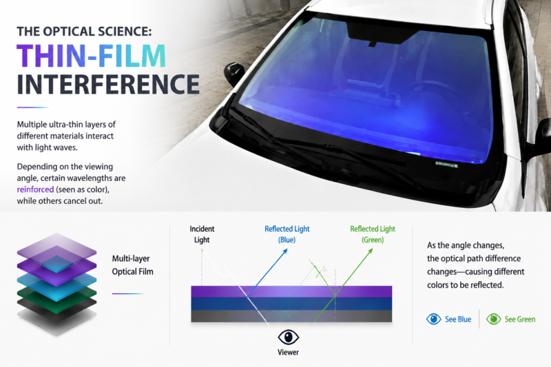 chameleon window film with color shifting thin film interference technology for automotive glass