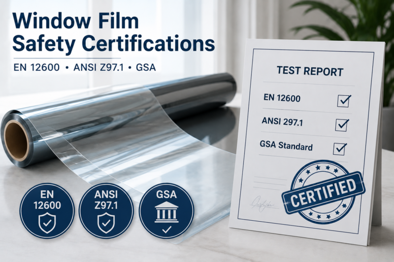 Safety window film with EN 12600, ANSI Z97.1 and GSA certifications for commercial and government building glazing