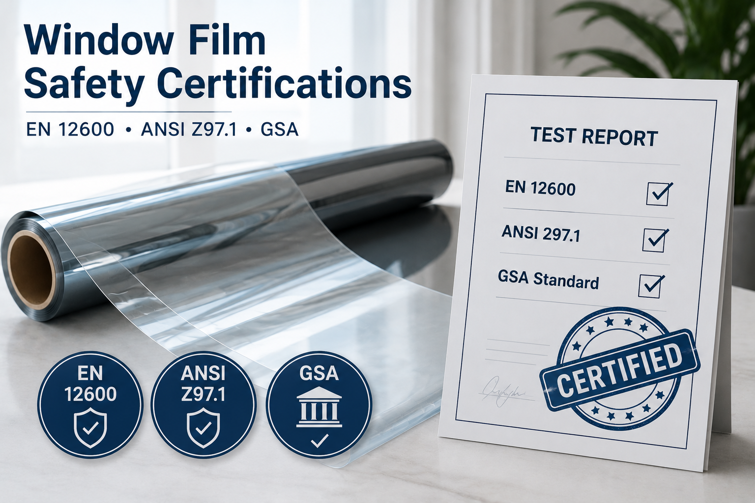Safety window film with EN 12600, ANSI Z97.1 and GSA certifications for commercial and government building glazing