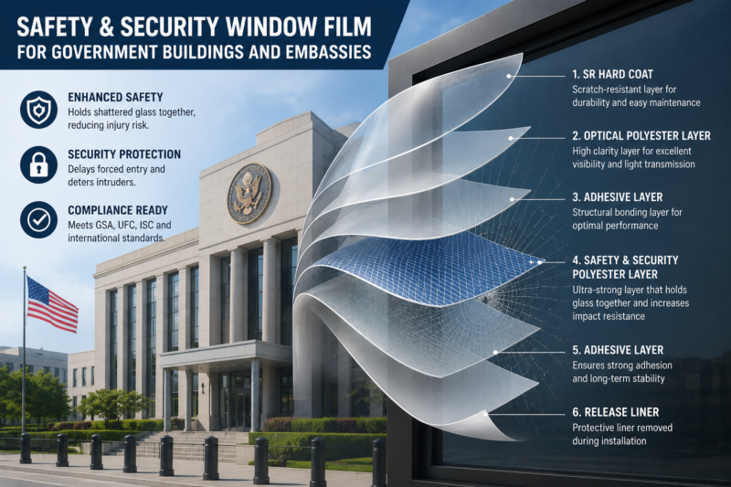 government security window film with multi-layer protection structure for embassy and government building glazing
