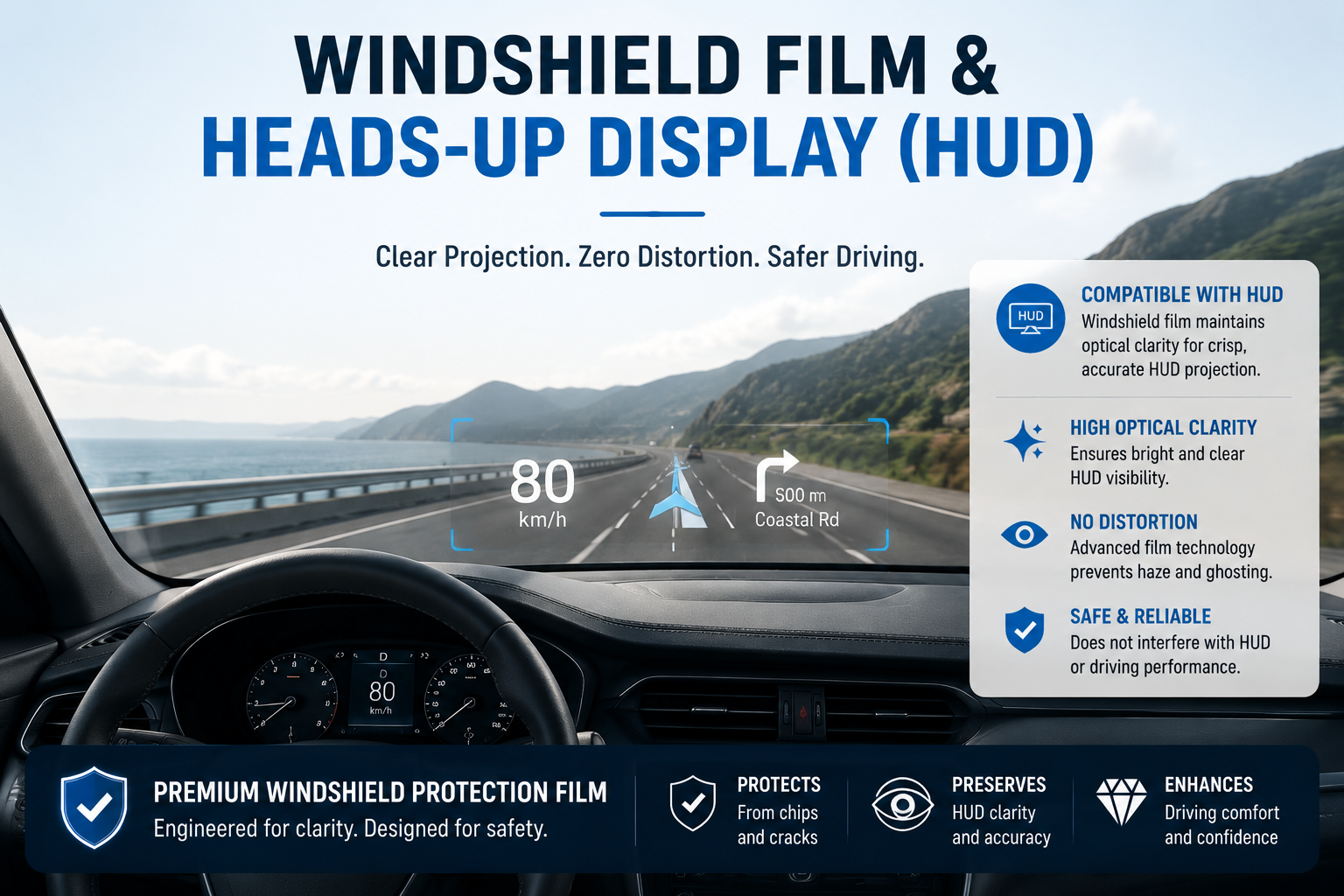 Windshield protection film improving heads-up display (HUD) clarity with zero distortion and enhanced driving safety on modern vehicle windshield