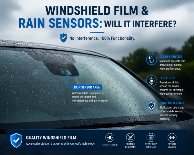 Windshield film applied on a car windshield with highlighted rain sensor area showing no interference in automatic wiper function