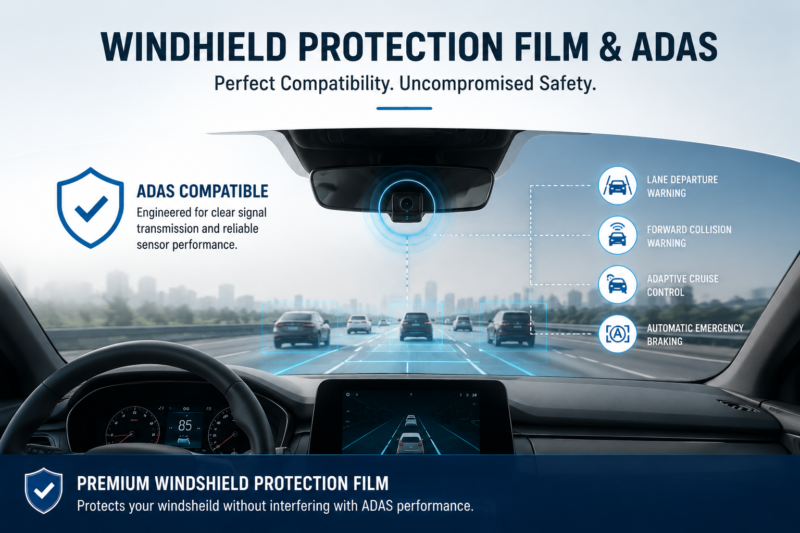 Front windshield protection film with ADAS system illustration showing safe driving sensor compatibility in modern car