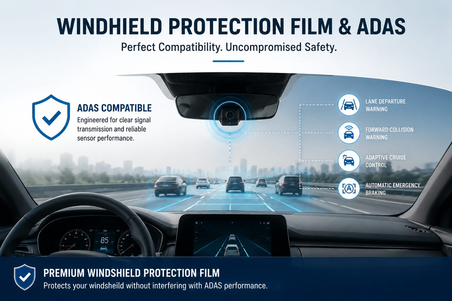 Front windshield protection film with ADAS system illustration showing safe driving sensor compatibility in modern car