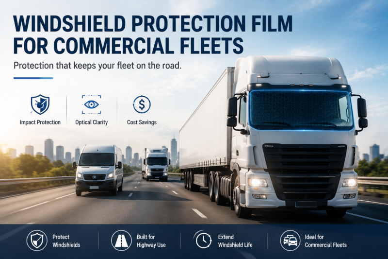 windshield protection film with impact resistance for commercial fleet vehicles