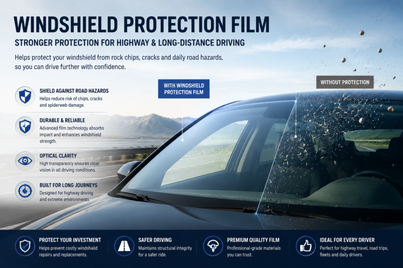 Windshield protection film with impact resistance for highway driving and stone chip protection
