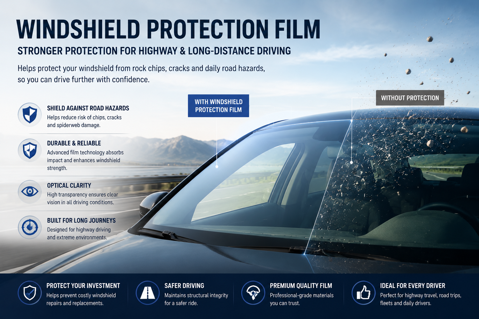 Windshield protection film with impact resistance for highway driving and stone chip protection
