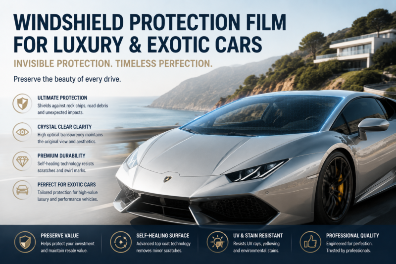 windshield protection film with high optical clarity and impact resistance for luxury and exotic cars