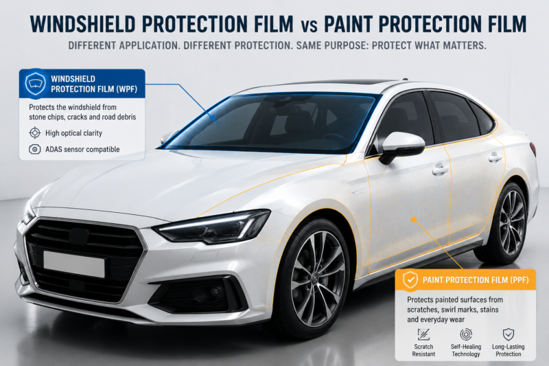 Windshield protection film applied on car windshield and paint protection film applied on vehicle body showing application difference