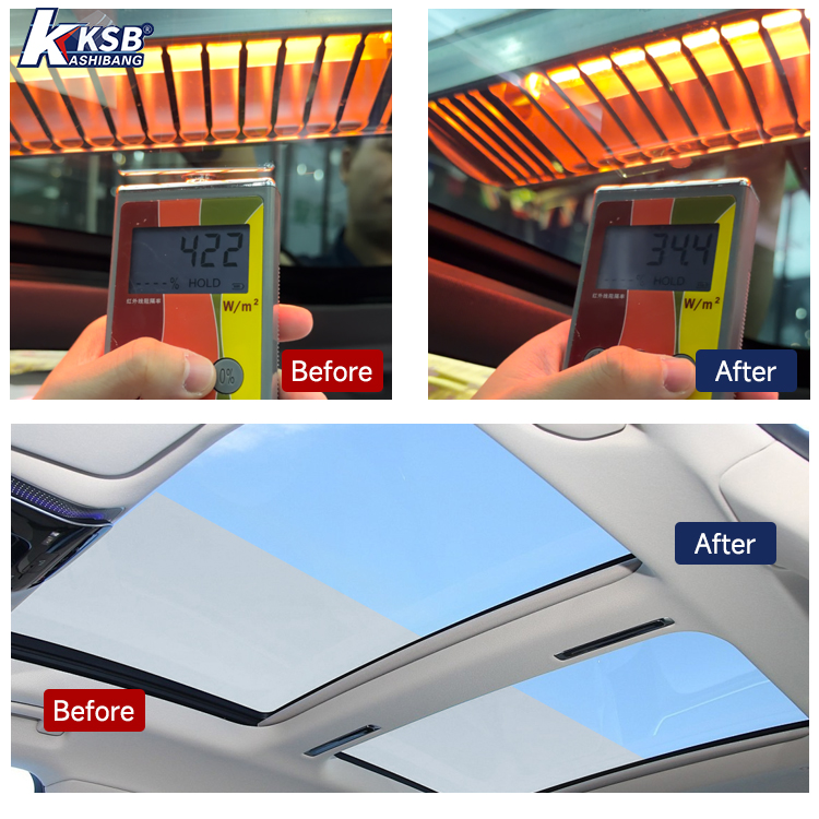 Sunroof film heat reduction test showing before and after solar energy comparison on panoramic roof glass
