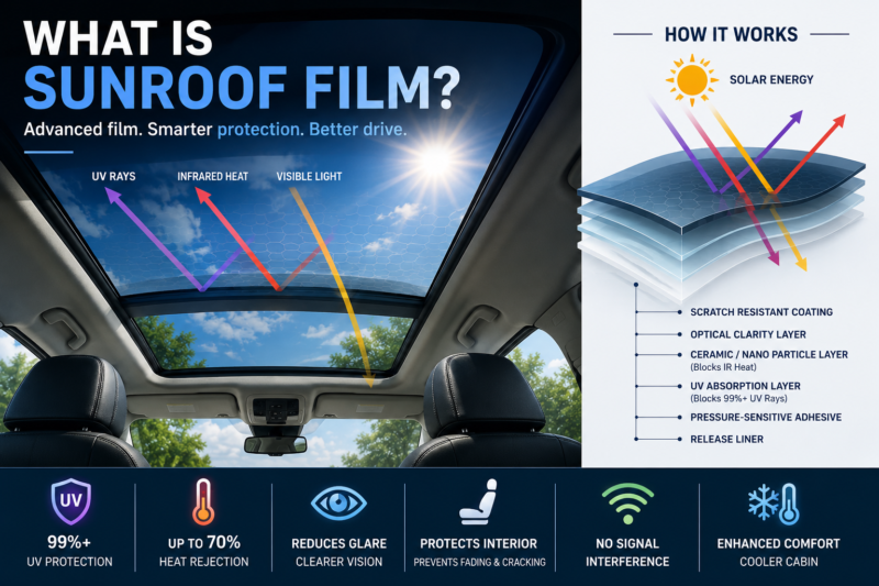 What is sunroof film and how does it work with UV protection, heat rejection, and glare reduction