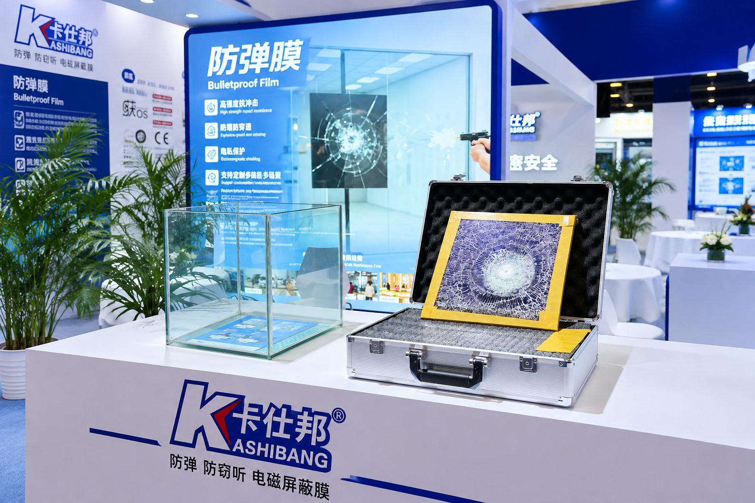 KSB bulletproof film displayed at CIDEX 2026 with a bullet-resistant glass test sample