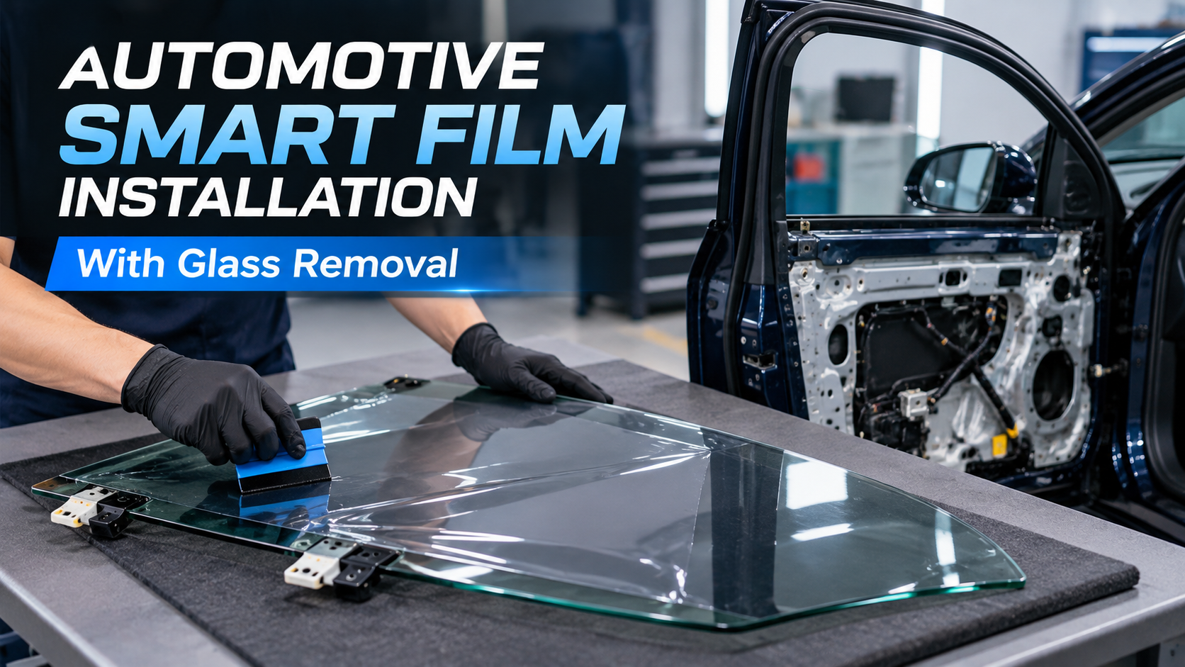 Automotive smart film installation with removed car window glass
