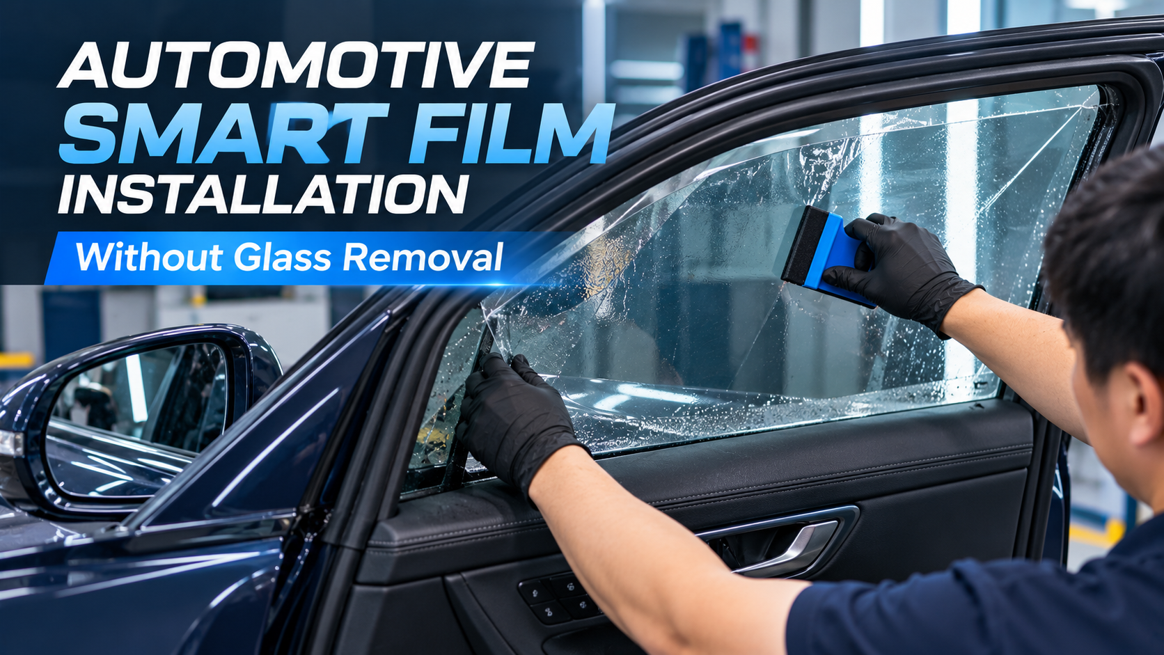Automotive smart film installation without removing the car window glass