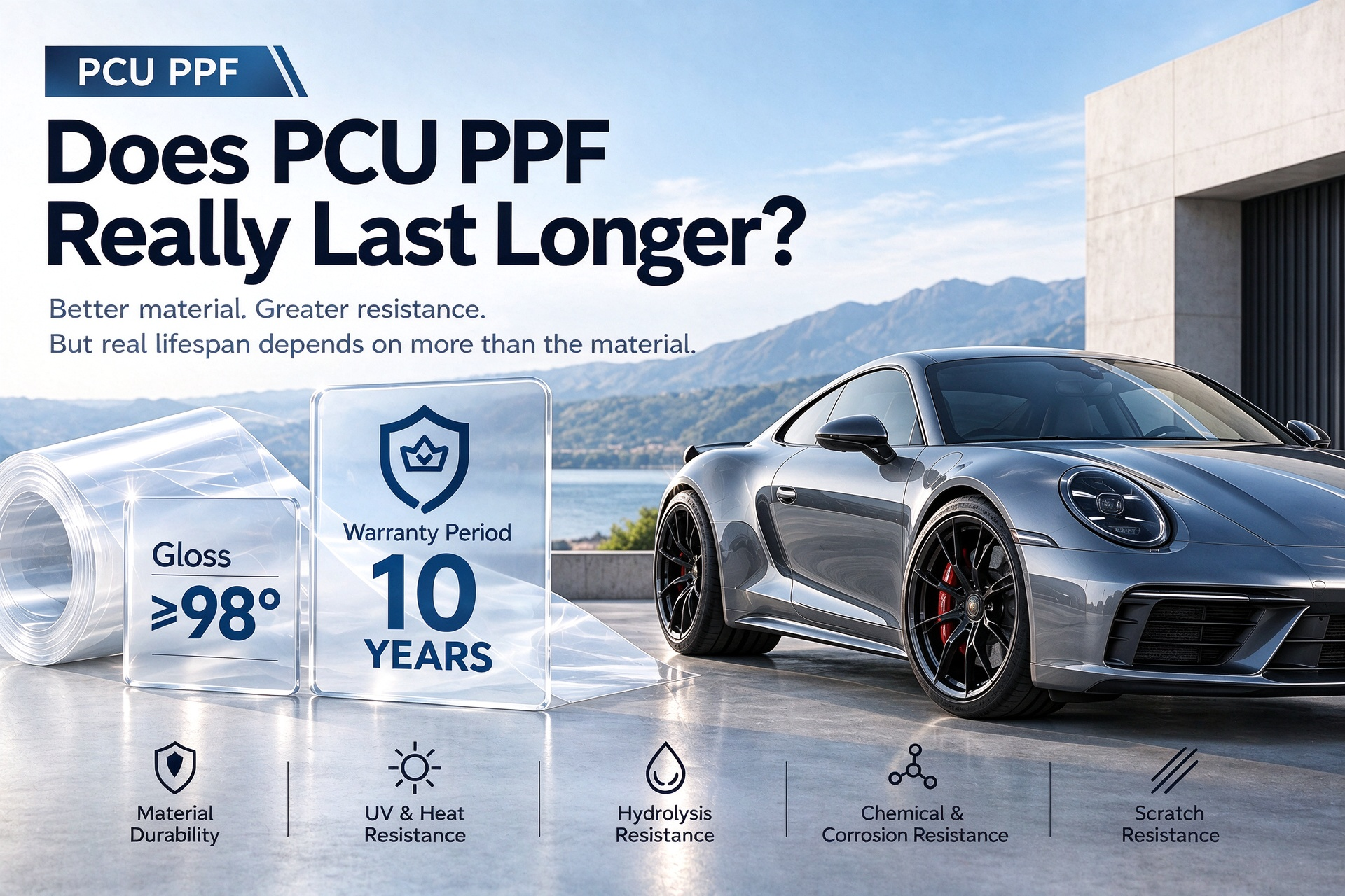 PCU PPF with high gloss, 10-year warranty and resistance to UV, heat, hydrolysis, chemicals and scratches