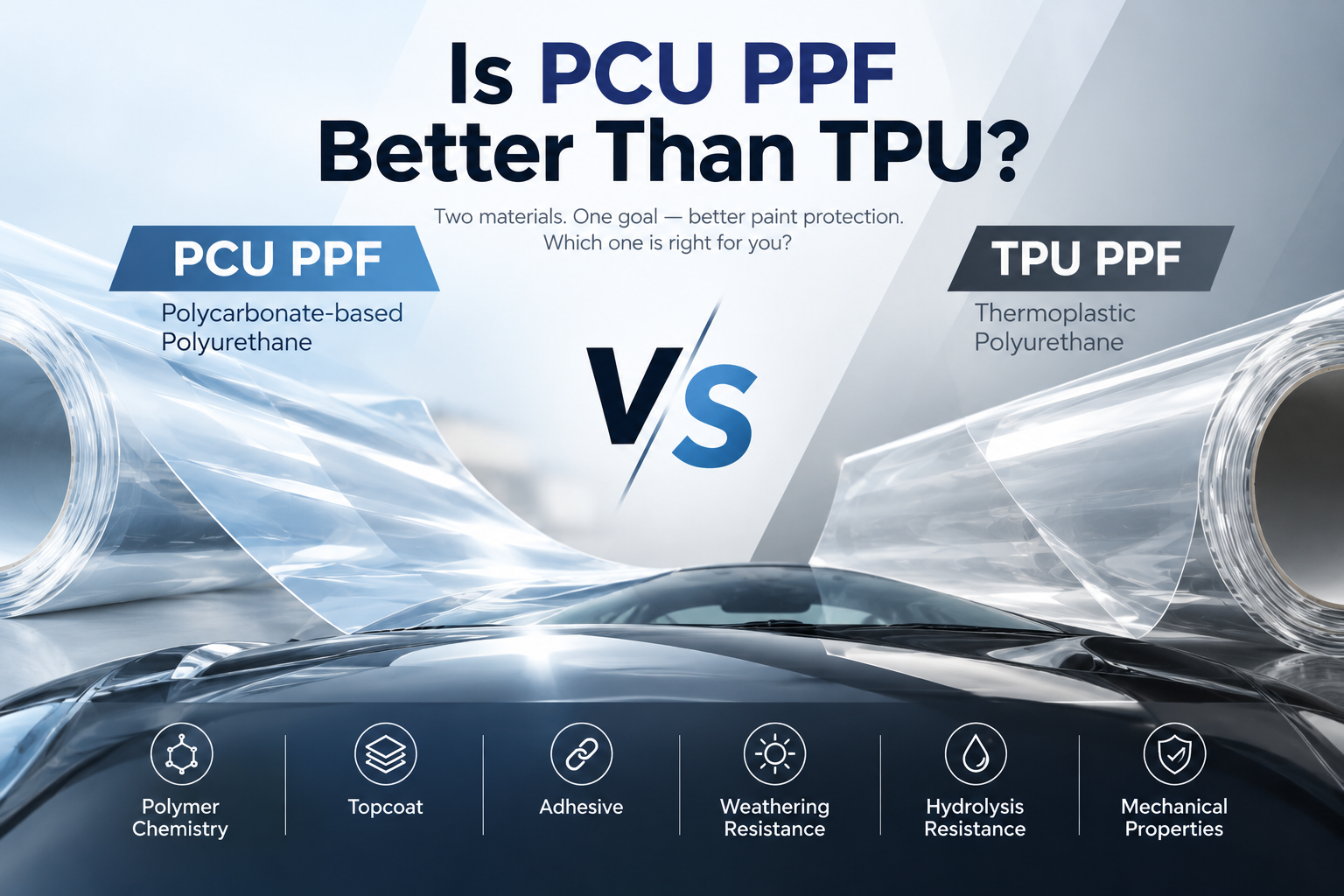 PCU PPF vs TPU PPF comparison showing material chemistry, topcoat, adhesive, weathering and hydrolysis resistance