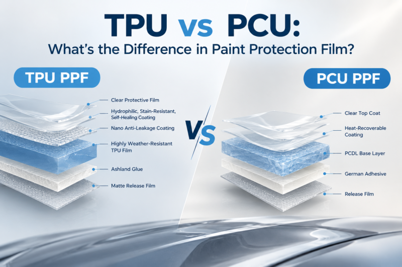TPU vs PCU PPF structure comparison showing different coating, base film and adhesive layers