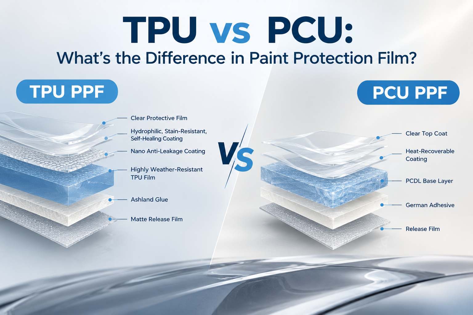 TPU vs PCU PPF structure comparison showing different coating, base film and adhesive layers