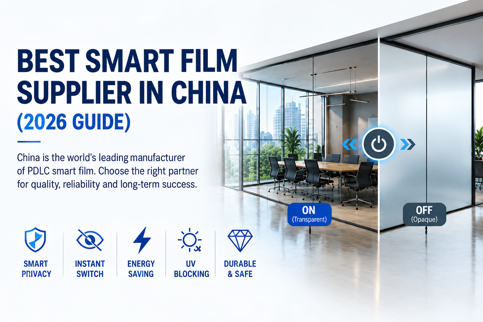 Smart film supplier comparison infographic showing smart glass office application, PDLC switchable film ON/OFF function, and top smart film manufacturers in China with certifications and quality factors