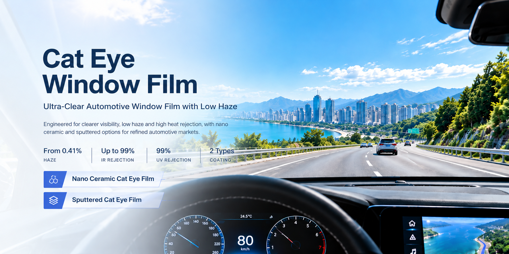 Cat Eye Window Film for Automotive Glass with Low Haze and High Heat Rejection