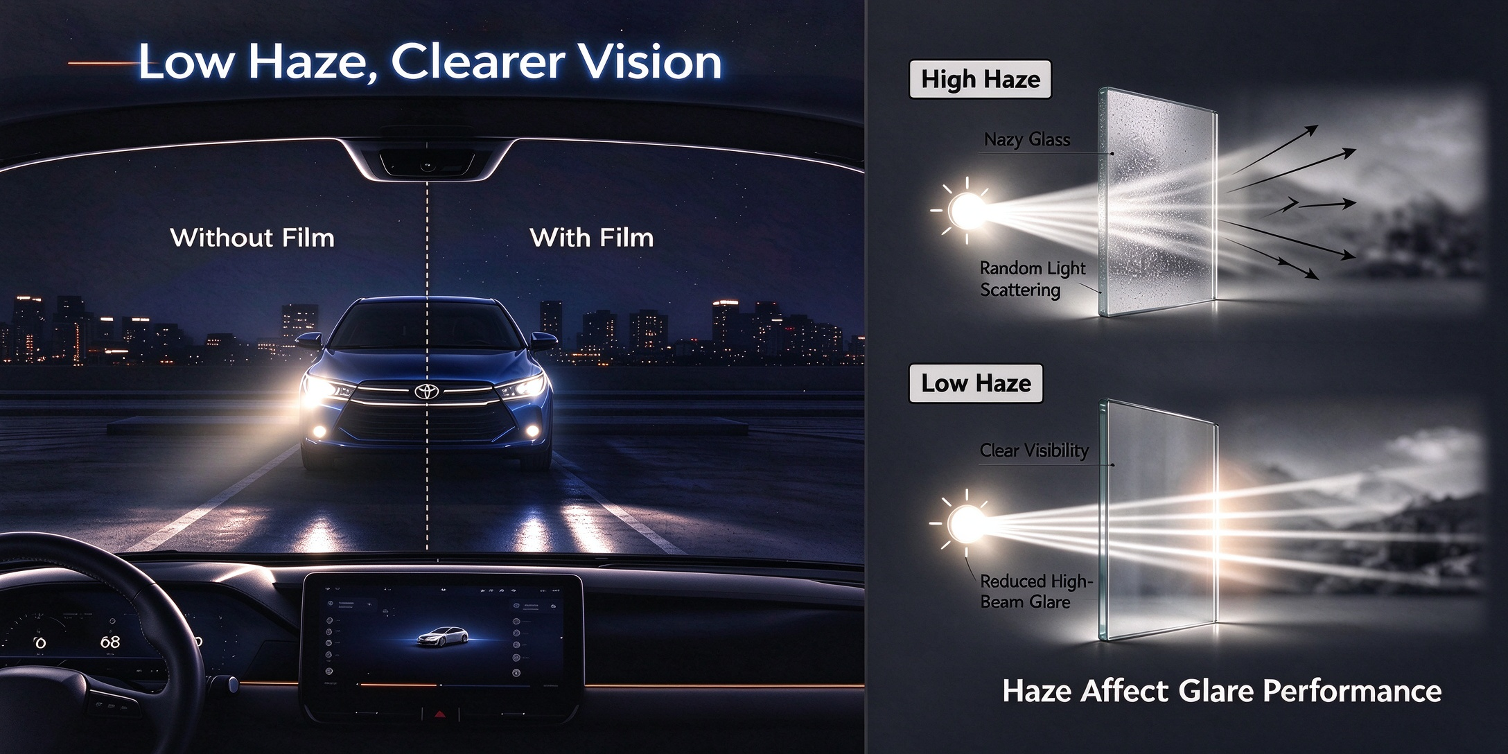 Low haze automotive cat eye window film comparison, without film vs with film night driving anti-glare effect, haze light scattering principle diagram