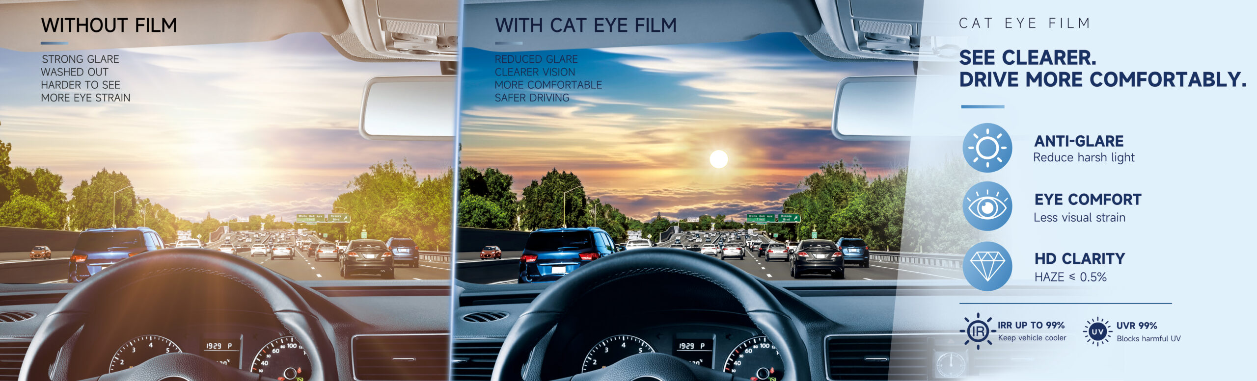 Cat Eye Window Film comparison showing reduced glare, clearer vision and low haze while driving