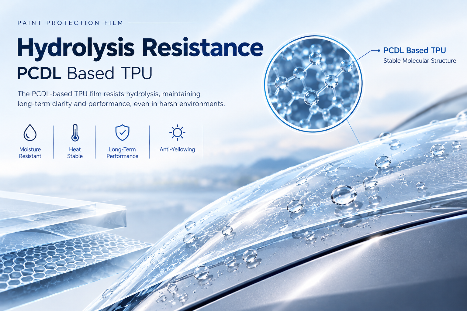 PCDL-based TPU paint protection film showing hydrolysis resistance, water resistance and long-term automotive paint protection