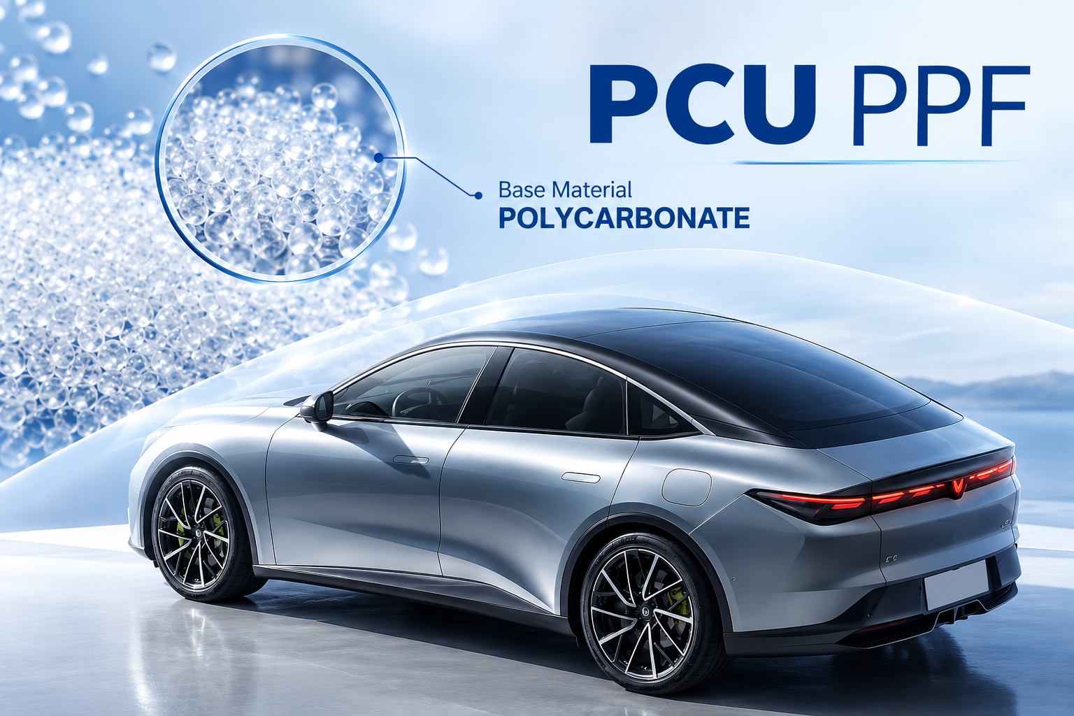 PCU PPF made with polycarbonate base material protecting a silver electric car