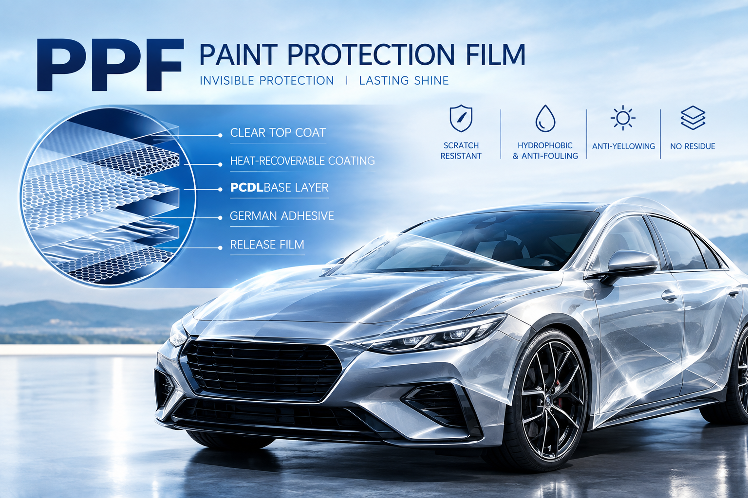 PCDL-based TPU paint protection film with layered structure and scratch-resistant, hydrophobic, anti-yellowing properties