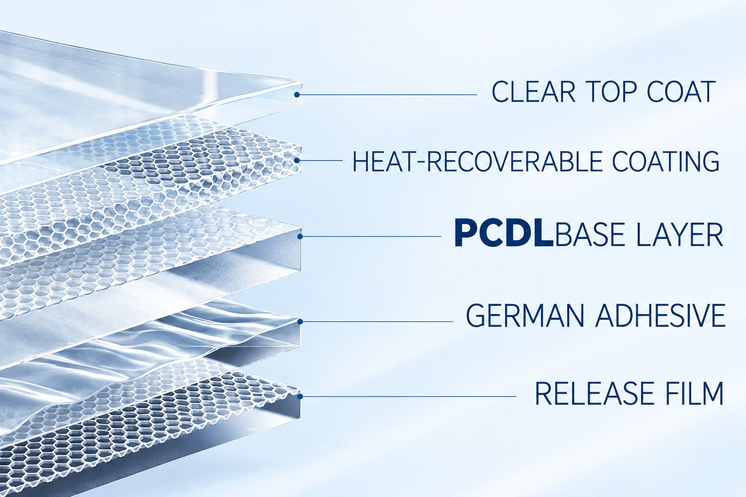 PCDL-based TPU paint protection film structure showing clear top coat, heat-recoverable coating, PCDL base layer, German adhesive and release film