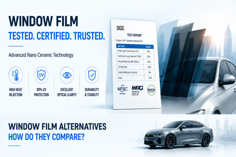 Clean comparison infographic showing 3M window film alternatives with performance ratings, price levels, brand recognition, installer network, and best use cases.