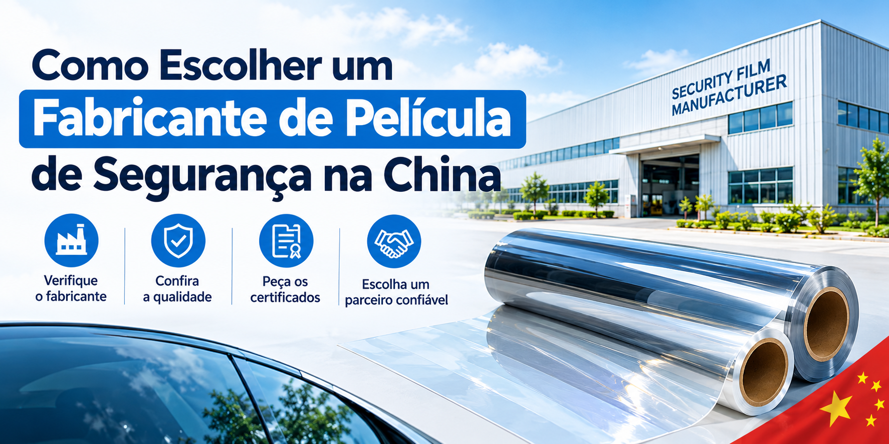 Fabricante de película de segurança na China com fábrica e rolos de película para vidros