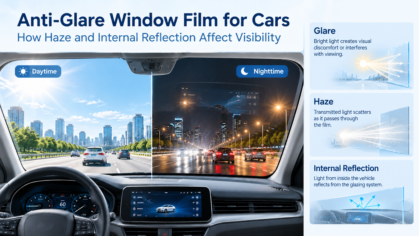 Anti-glare window film for cars showing daytime and nighttime visibility, haze and internal reflection
