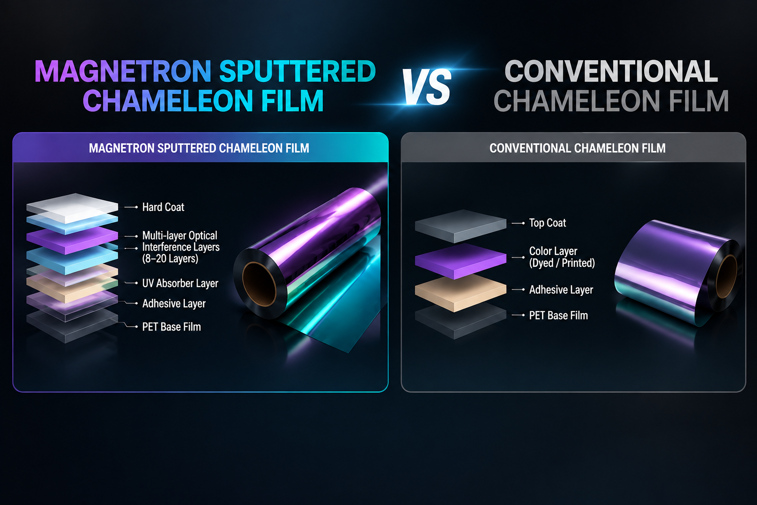 chameleon window film with magnetron sputtering technology for premium automotive color shifting performance