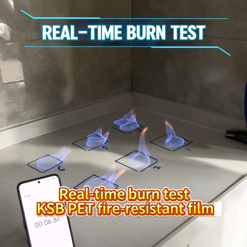PET fire resistant film burn test showing protection after 60 seconds
