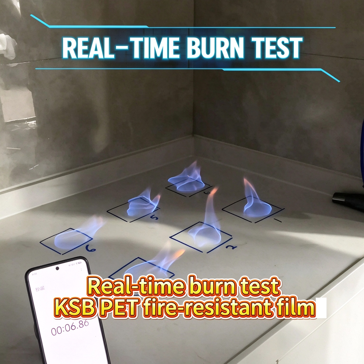 PET fire resistant film burn test showing protection after 60 seconds